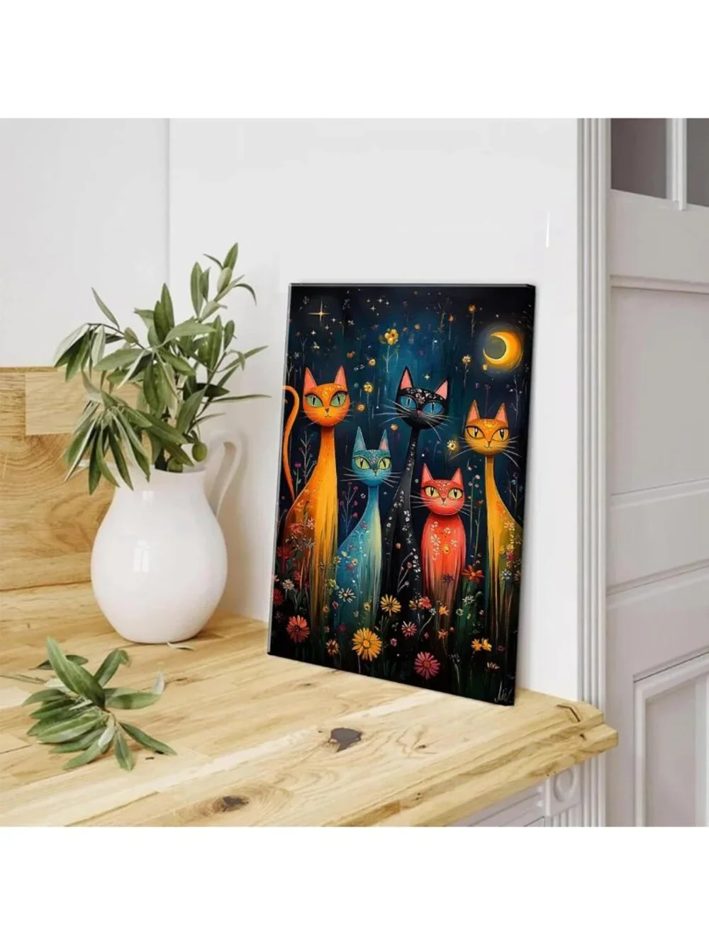 Colorful Cat Canvas Wall Art - Mystical Night Sky Decor for Bedroom & Dorm